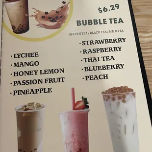 a menu for bubble tea