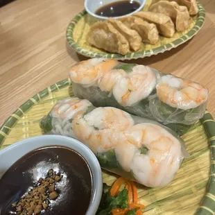 Pho Plus: appetizers shrimp spring rolls and gyoza - delicious!