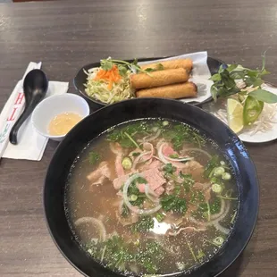 Rare beef Pho and Egg Rolls