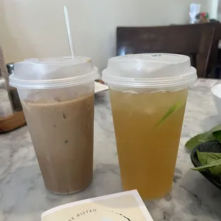 Vietnamese sweetened ice coffee (left) fresh lemonade (or actually limeade) on right
