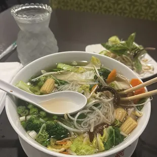 Veggie pho beef broth and usually oyster bay Sauvignon blanc