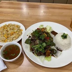 Ribeye Rice Plate with soup and side of fried rice