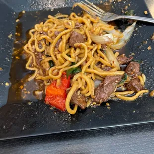 Garlic noodles with shaken beef
