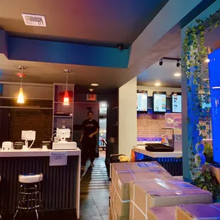 a view of a bar with a fish tank