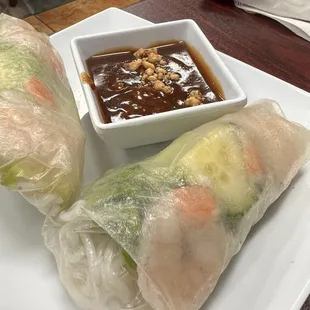 Fresh rolls (Spring rolls)  with shrimp and peanut sauce for dipping.  Really good,  made to order.