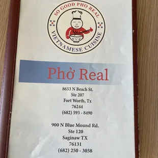 Menu and information