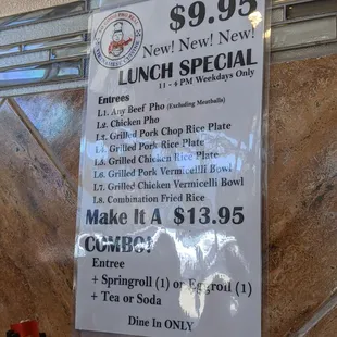 Lunch special menu