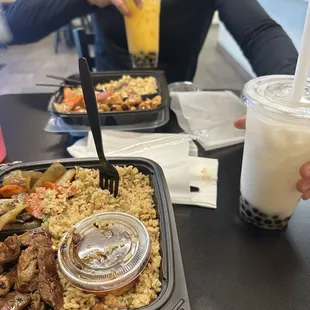 Steak and Chicken Plate with Boba drinks !