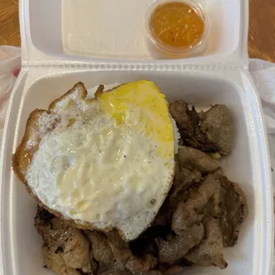 Grilled pork with rice and egg. I told them &quot;no veggies and salad&quot;.