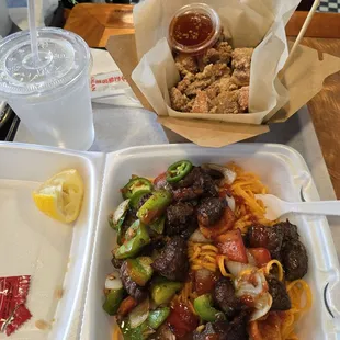 Shaken chowmen and popcorn chicken