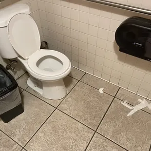 a toilet and trash can in a public restroom