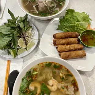 Special Pho Combo with Rare Steak, Brisket, Tendon and Tripe, Crispy Egg Roll Lettuce Wraps, Wonton Spicy Sate Soup with Egg Noodle