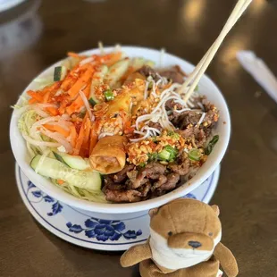 Grilled Pork and eggroll Noodle Bowl