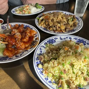 Sweet and sour chicken, chow fun with beef, chicken and shrimp fried rice.