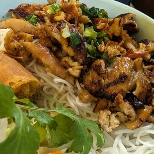 Egg roll charbroiled meat with vermicelli noodle bowl