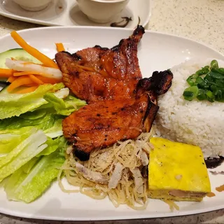 Grilled Pork Chop, Shredded Pork Skin & Egg Meatloaf