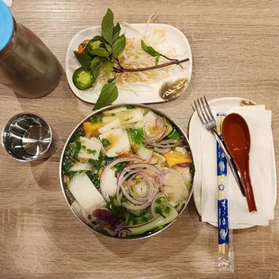 Pho Rau Noodles with Vegetable Broth (ensure to ask for the Vegan meal so the establishment uses Vegan broth!)