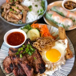 Pork chop rice, shredded pork &amp; pork skin, egg roll, and fried egg!