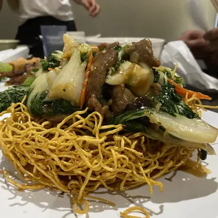 a plate of noodles with beef and vegetables