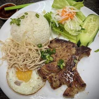49. Grilled Pork Chop, Shredded Pork and Egg over Rice Plate