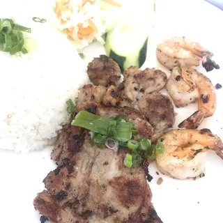 51. Grilled Shrimp and B.B.Q Boneless Chicken over Rice Plate