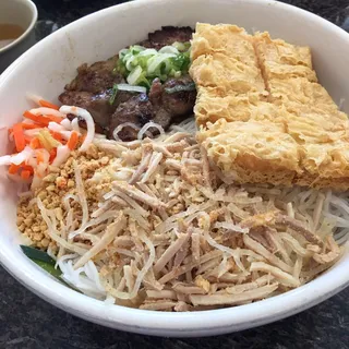 55. Fried Shrimp Cake, Chinese Sausage, Pork Chop and Shredded Pork over Rice Plate