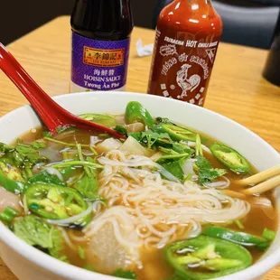 Pho Dac Biet, combo pho with extra tendon and peppers. Yum!