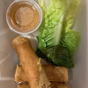 VIetnamese eggrolls.  Three eggrolls but only two lettuce leaves for wrapping.