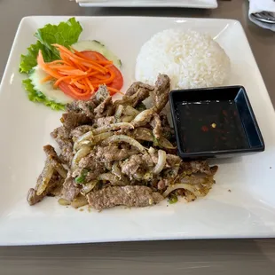 a plate of beef and rice