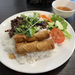 #50 Charbroiled pork and egg roll rice.