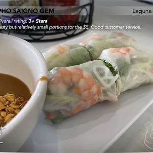 A4) Appetizer - Shrimp &amp; Pork Springs Rolls; Qty: 2 ($7) Okay; peanut sauce was good.