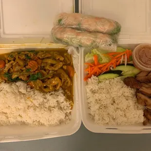 Left: Chicken Curry Chicken, Right: Steamed Rice W/ BBQ chicken, Above: Fresh Rolls