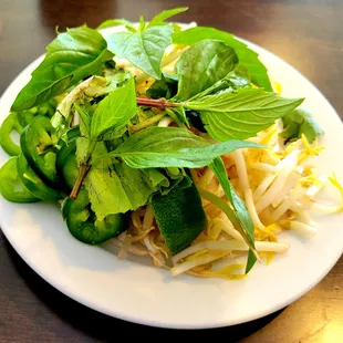 Basil leaves and bean sprouts. Zoom in to see the black &amp; brown spots on basil and brown ends on bean sprouts.
