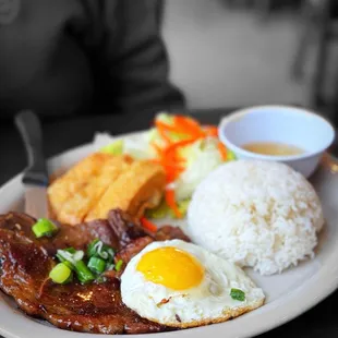 Pork chop over rice with egg #37 | ig: whaevaeats