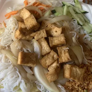 B-9 Vermicelli with fried tofu they forgot sauce no seasoning and something tasted off (spoiled) with crusty bits of noodle