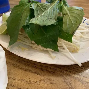 Fresh plate of bean sprouts, Thai basil, lime wedges, and only 2 slices of jalapeños