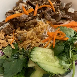 Marinated Char-Grilled Beef Vermicelli. Had great flavor along with fresh veggies. The fish sauce was pretty good as well.