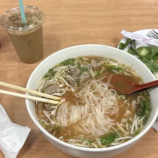 Beef pho and Vietnamese ice coffee