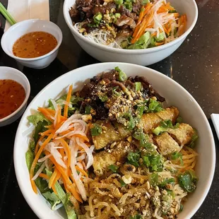 #40. Rice Vermicelli with Shredded Pork Skin, Grilled Pork, and Egg Rolls and #36. Rice Vermicelli with Grilled Pork