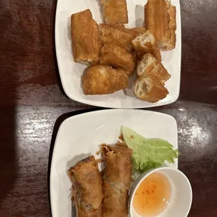Fried dough sticks and egg rolls