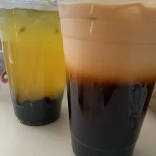Passion fruit with boba and Thai tea with boba