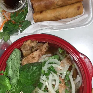 Grilled chicken pho and egg rolls
