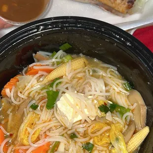 Veggie &amp; Dumpling Pho soup.  1/2 chicken spring rolls.