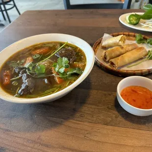 Beef stew with pho and eggrolls