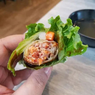 a hand holding a lettuce wrap