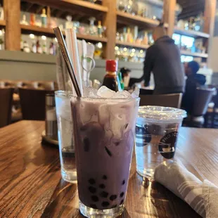 Taro root gives this bubble tea its purple color.
