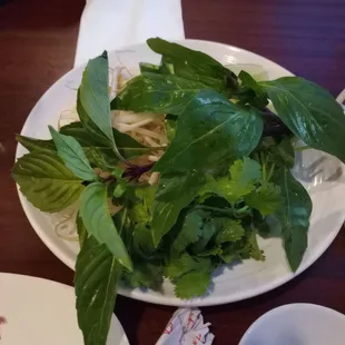 Accoutrements for Pho - shared between 2 large bowls of Pho - usual bean sprouts, Thai basil, jalapeno slices, cilantro, lime wedges