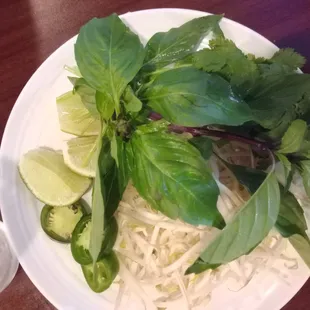 Accoutrements for Pho shared between 2 large orders of Pho