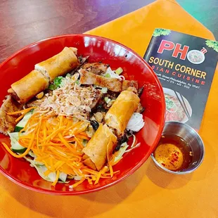 Dry Vermicelli with Grilled Pork and Fried Spring Roll, or so called Bun Thit Nuong Cha Gio