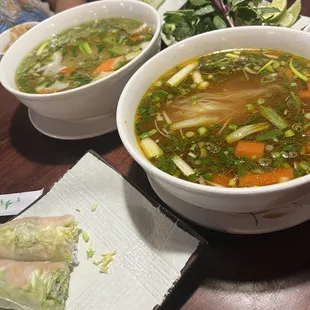 spring rolls, seafood pho, beef pho